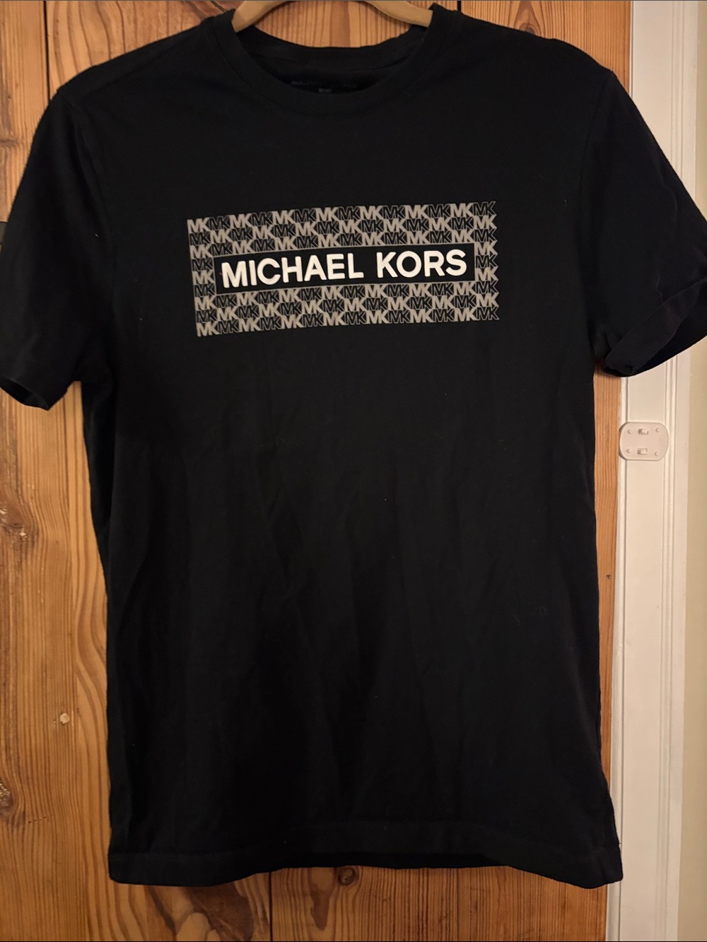 Michael Kors Black Crewneck Logo Tee with Monogram Panel